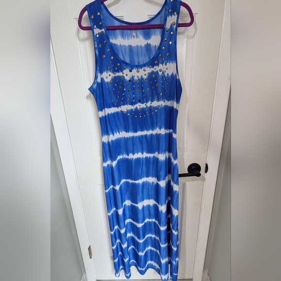 Dots Dresses & Skirts - Blue Tie-Dye Sleeveless Dress with Stud Accents